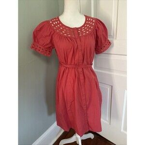 Elle Coral Peach Eyelet Cotton Button down Smock Dress Size small